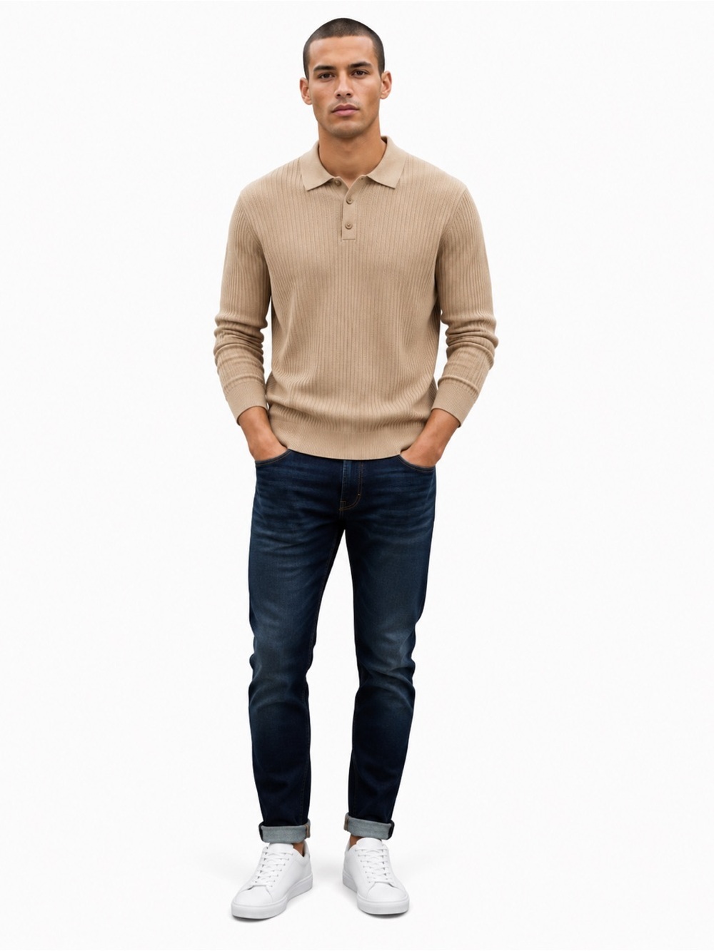 Zara Men's Beige Ribbed Polo Shirt